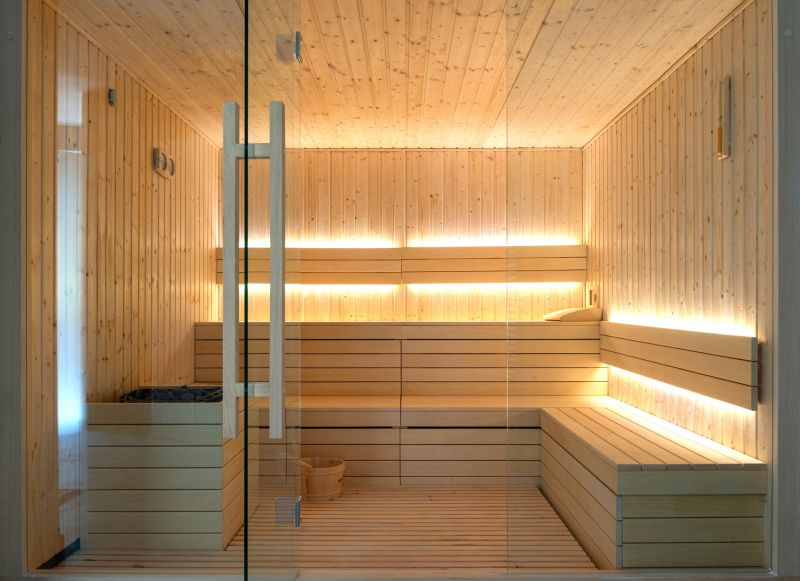 Walk-in Shower with Wooden Accents